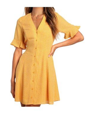 Lulus Castana Mustard Yellow Button-Up Dress With Ruffle Sleeves & Tie Back XL